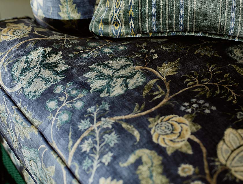 Alwinton 3 Seater Sofa in V&A Threads of India Opulent Velvets Tree of Life Ink and scatters in Andhra Weave Hunter fabric detail